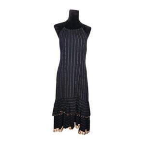 Tigerlilly Black Striped Beaded Ruffle Fringe Hem Maxi Halter Dress Size 6 Boho